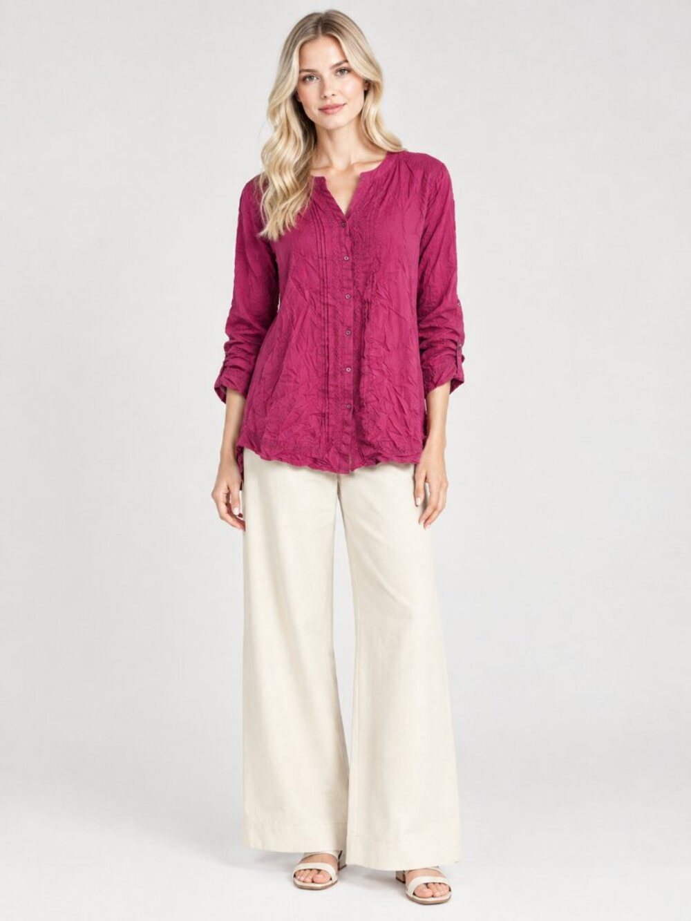 2/$30 Lands' End Pintucked Embroidered Button-Down Tunic Top Burgundy 1X #A4822